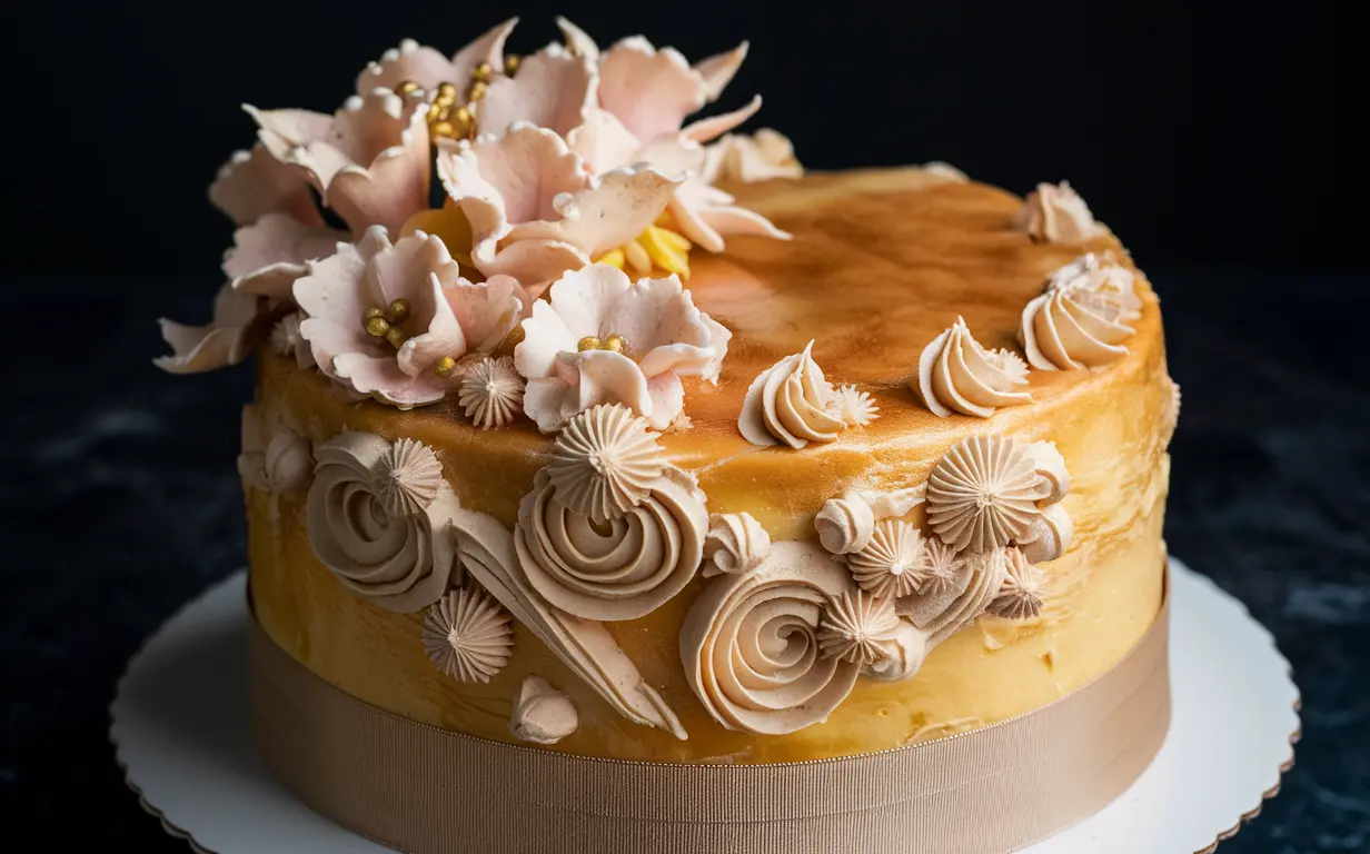 In this elegant image, we see a beautifully decorated layer cake adorned with exquisite frosting techniques. The top of the cake is embellished with delicate sugar flowers in soft pink hues, accented with golden centers that add a touch of luxury. The sides of the cake are meticulously piped with swirls and shells in a harmonious palette of cream colors, demonstrating the intricate art of cake decoration. This cake would not only be a feast for the taste buds but also a captivating centerpiece for any special occasion, showcasing the intricate possibilities in the world of cake artistry.