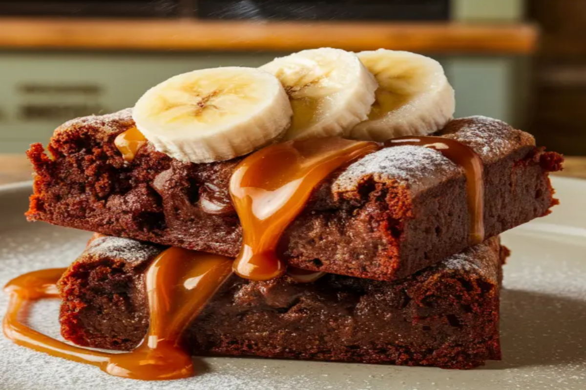 A stack of rich chocolate banana brownies drizzled with caramel, topped with fresh banana slices, and dusted with powdered sugar on a white plate.