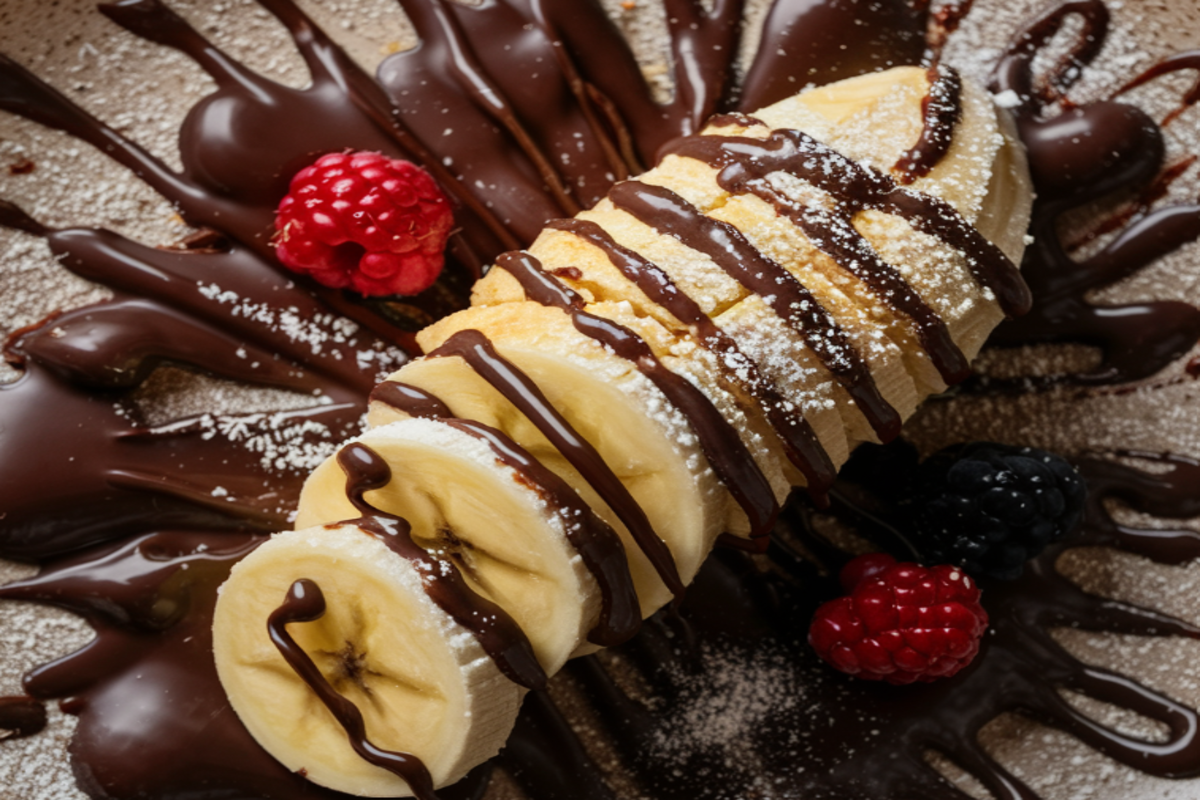 This image presents a delightful dessert composition featuring a banana cut into slices and artfully drizzled with luxurious melted chocolate. A light dusting of powdered sugar adds a fine, sweet touch to the fruit's rich, creamy texture. Accompanying the banana are plump, fresh berries—a raspberry and a blackberry—which introduce a pop of color and a burst of tartness, contrasting the sweetness and creating a balanced flavor profile. All of these components rest on a backdrop that enhances the visual appeal, making this a sumptuous treat for both the eyes and the palate.