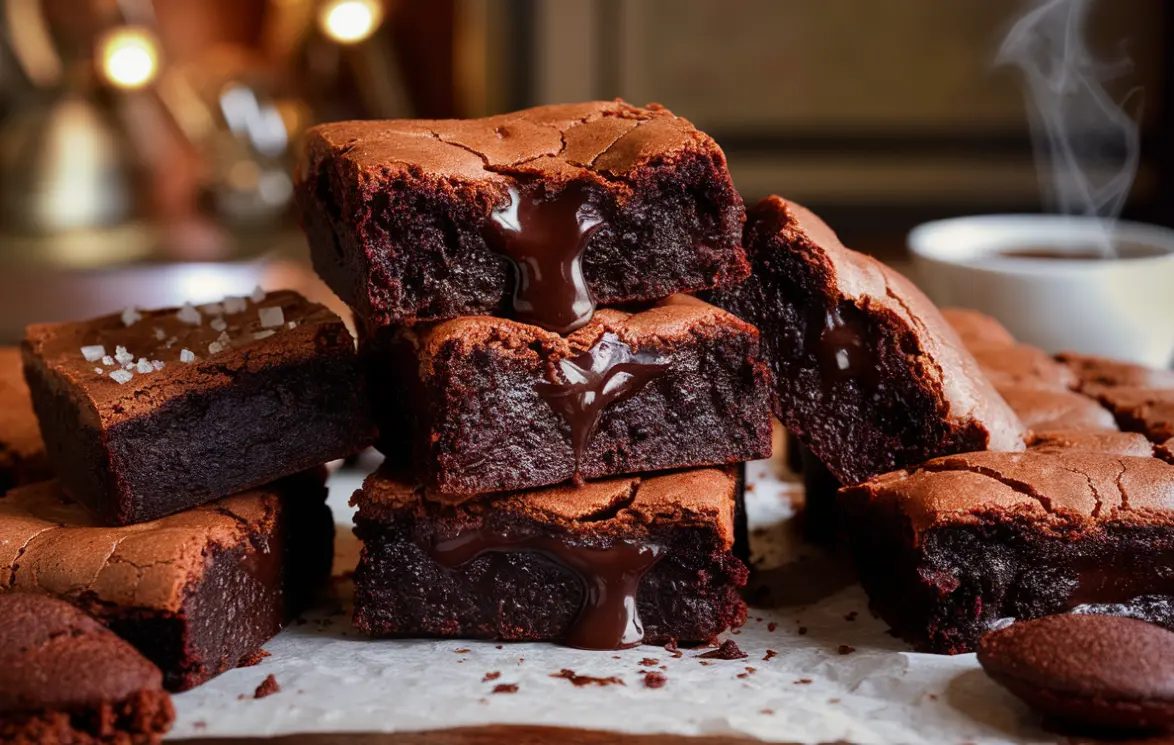 The image presents a tempting stack of freshly baked brownies, with a centerpiece brownie oozing with molten chocolate, suggesting a fudgy interior. The brownies feature a cracked top, characteristic of a well-made outer crust. Some brownies are sprinkled with coarse flakes of sea salt, offering a savory contrast to the sweet chocolate, enhancing the flavors. A background with warm lighting and a steaming cup suggests a cozy environment, perfect for enjoying these decadent treats.