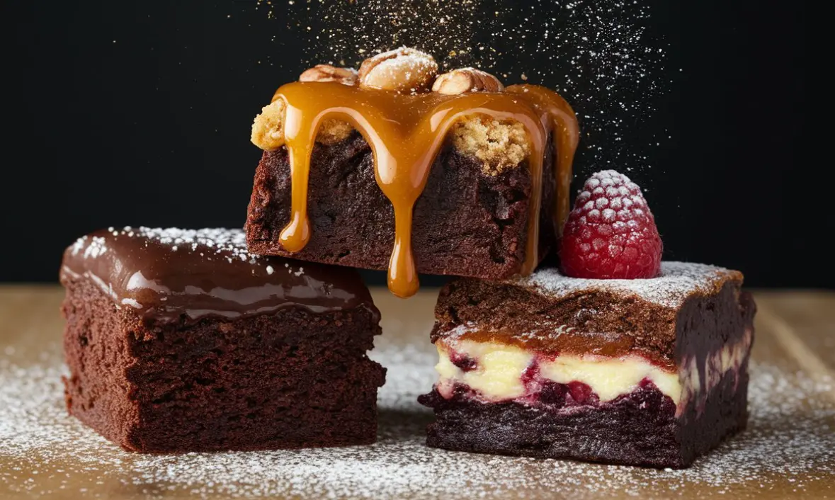 In the image, there is an array of three indulgent dessert pieces, each presenting a variation of a chocolate cake. The first is enrobed in a glossy chocolate glaze, suggesting a classic, moist chocolate cake. The middle piece stands out with a decadent caramel drizzle cascading over the sides, adorned with what appears to be nuts, and it seems to reveal a crumbly cookie-like topping embedded within the dense cake. The final piece is dusted with powdered sugar, featuring a raspberry strategically placed for an accent of color, and reveals a creamy, possibly cheesecake layer intermingled with a red berry compote. The cakes are displayed against a dark background, which accentuates the rich colors and textures, invoking a sense of luxury and temptation. The dusting of powdered sugar in motion adds a dynamic, freshly served quality to the image.