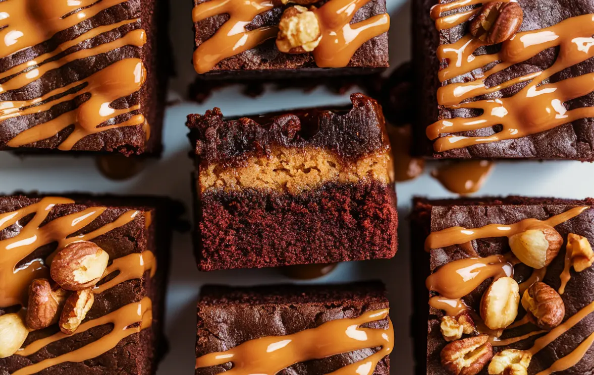 The image showcases a tempting array of brownies, each generously topped with a glossy caramel drizzle and a sprinkle of nuts that look to be hazelnuts and almonds. The cross-section of one brownie reveals a moist, dense interior indicative of a fudgy texture, which is often sought after by chocolate connoisseurs. This fusion of rich chocolate base with the sweet, buttery flavor of caramel and the crunchy texture of nuts creates a delightful sensory experience. This kind of gourmet treat is not only a feast for the taste buds but also for the eyes, making it an appealing subject for food photography and a likely hit in any bakery or dessert menu.

