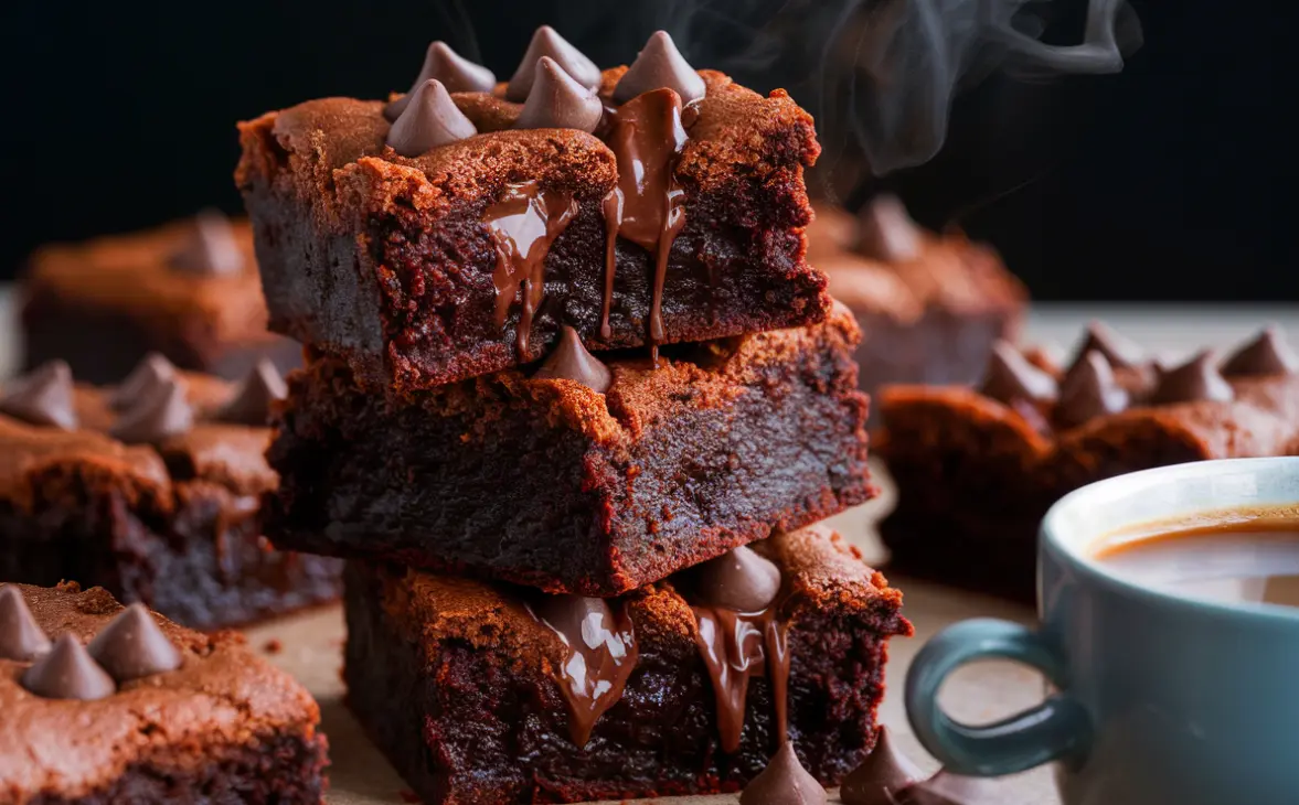 In this captivating image, we observe a stack of freshly-baked brownies, each layer oozing with melted chocolate that tantalizingly drips down the sides. The brownies are adorned with delicate swirls of chocolate frosting, adding a touch of elegance to their rustic charm. Wisps of steam rise gently above, suggesting the brownies are still warm, enhancing their allure. Accompanying the scene is a cup of coffee, its presence invoking a perfect coffee break or a moment of indulgence. The contrast between the dark, rich brownies and the soft glow of the cup offers a comforting ambiance. This visual is a testament to the irresistible appeal of home-baked goods, inviting one to savor a moment of delicious respite.