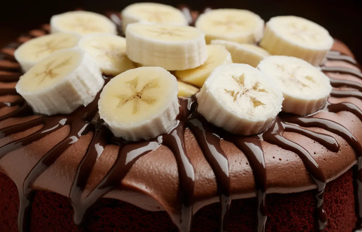 In the image, we see a sumptuous dessert that features a velvety smooth, chocolate-frosted cake as its base. Sliced bananas are meticulously arranged atop the cake, with the glistening drizzle of chocolate sauce artfully applied over them. The bananas provide a fresh, sweet contrast to the rich chocolate, and the overall presentation is one of simple elegance that promises a delightful taste experience. This dessert strikes a balance between the comforting familiarity of banana and the indulgent treat of chocolate, making it a tempting offering for any sweet tooth.