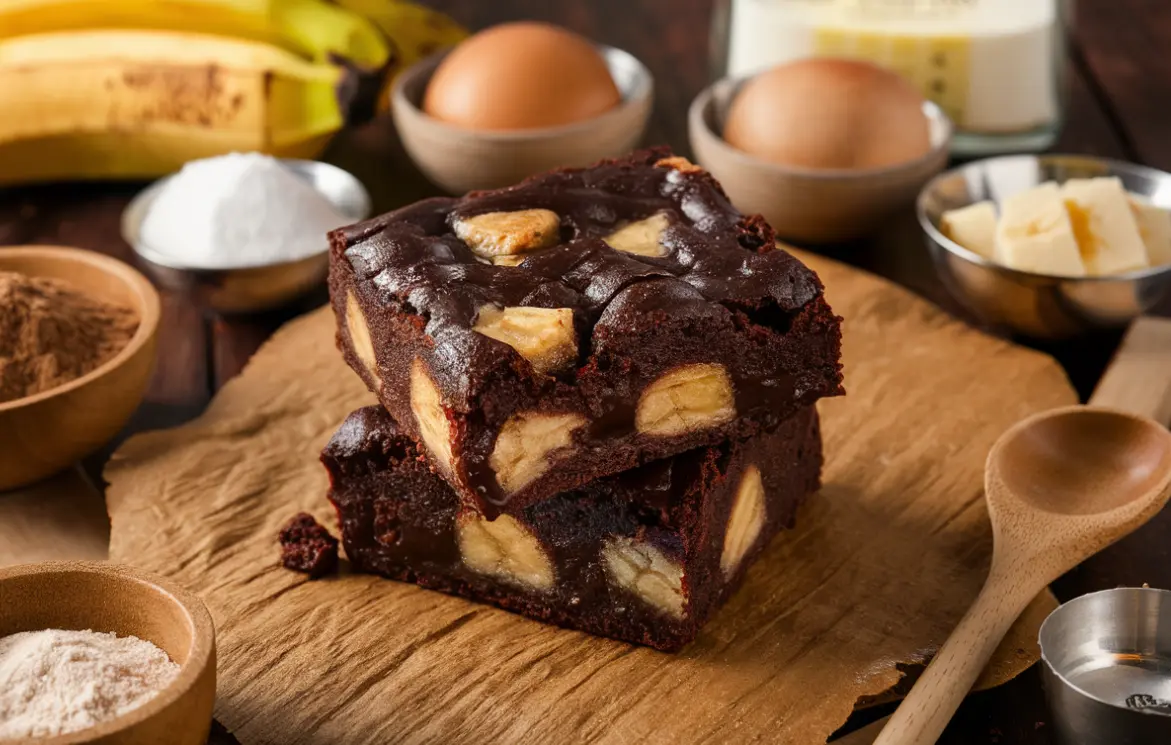 The image portrays a rustic and inviting scene featuring a stack of chocolate brownies enriched with banana chunks. The brownies are moist and dense, with the banana pieces adding a soft textural contrast. Surrounding the brownies are various baking ingredients, including whole bananas, eggs, a jar of milk, a bowl of cocoa powder, measuring cups, and cubes of butter, suggesting the freshness and homemade quality of the dessert. The composition of the photo, with its natural wood background and warm, earthy tones, evokes a sense of home baking and culinary craftsmanship.