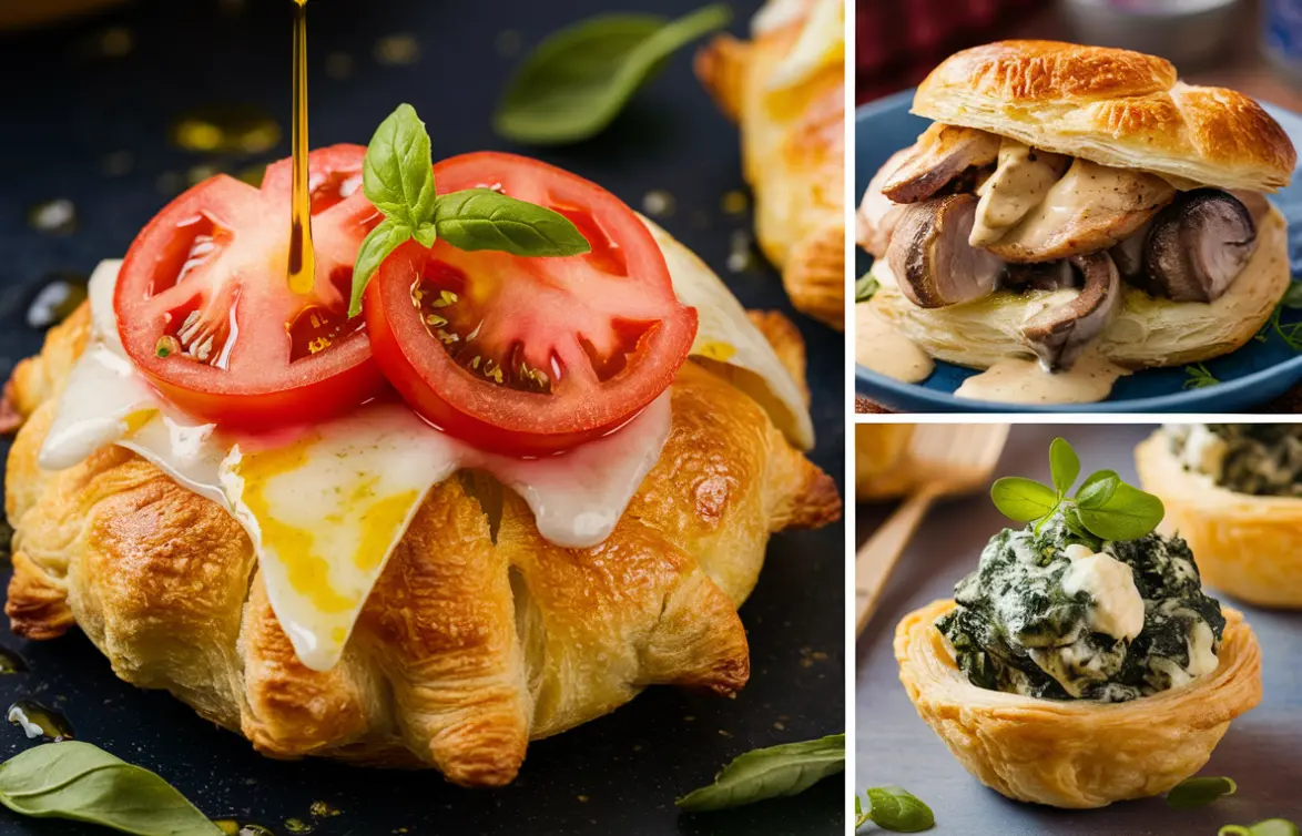 The image showcases three delightful puff pastry creations that are bound to tantalize the taste buds. On the left, we see a croissant-style pastry topped with a melting slice of cheese, ripe tomato slices, and a fresh basil leaf—a hint of olive oil glistens as it drizzles over, suggesting a breakfast pastry taken to the next level. In the center, there's a tempting sandwich-like puff pastry filled with succulent mushrooms in a creamy sauce, likely to be a savory treat perfect for lunch or dinner. The third image on the right features a puff pastry cup filled with a creamy spinach mixture, an elegant appetizer or a side that could grace any dinner party. Each pastry is an invitation to enjoy the rich and diverse world of savory puff pastry delights.