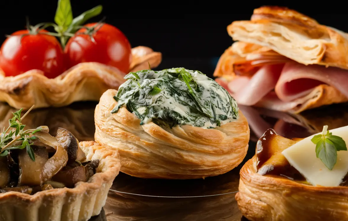 This image features a trio of exquisite puff pastry creations that exude gourmet appeal. In the foreground, there's a tart filled with a savory mushroom medley, garnished with a sprig of fresh thyme—inviting a bite with its earthy tones and aromatic herbs. Center stage holds a puff pastry vol-au-vent filled to the brim with creamy spinach, its lush green peeking out enticingly. On the back right, a croissant-shaped puff pastry encases slices of ham, paired with a delicate slice of cheese, hinting at a classic, yet refined, flavor profile. Together, these dishes exemplify the elegant versatility of puff pastry in savory cuisine.