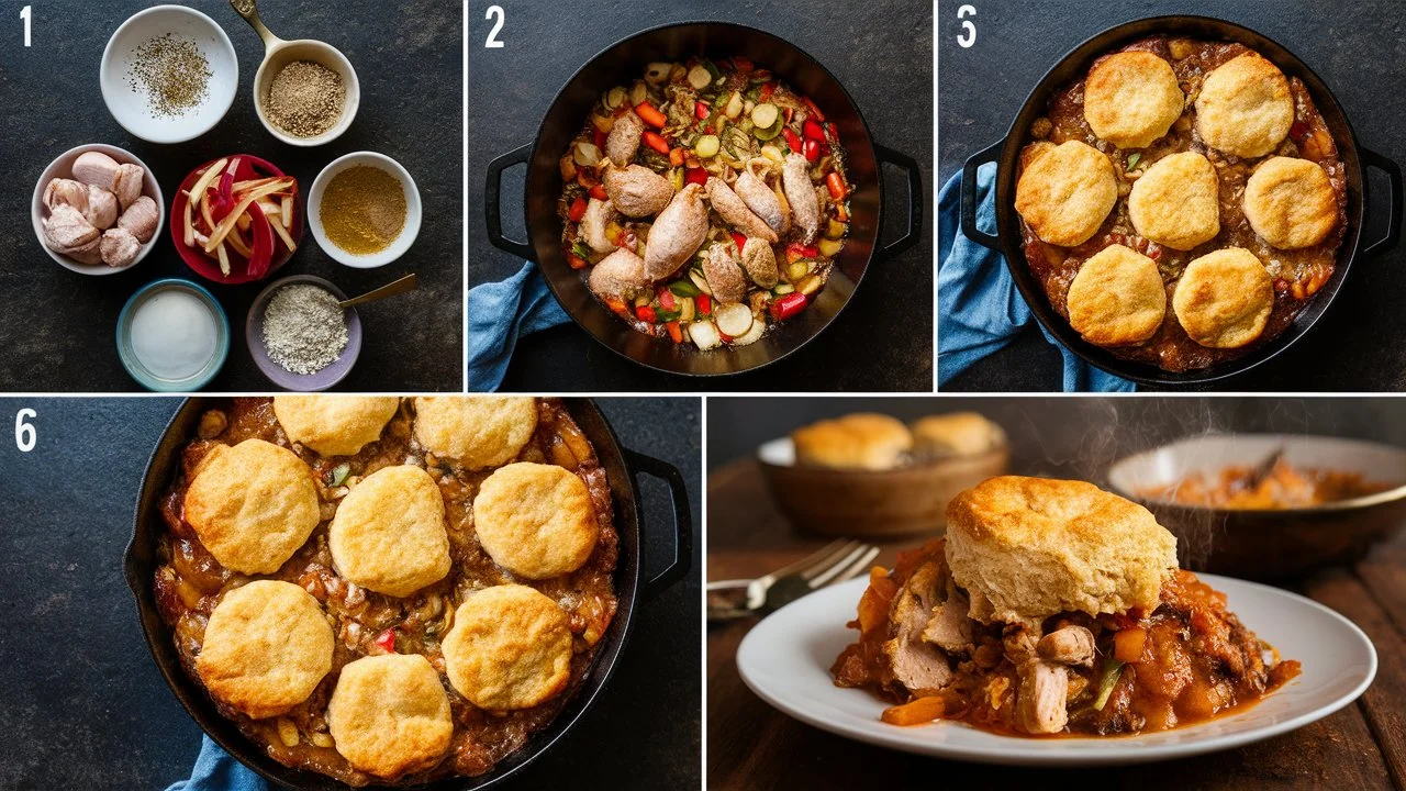 Step-by-step images showing the preparation of a chicken casserole topped with biscuits, from ingredients to serving.