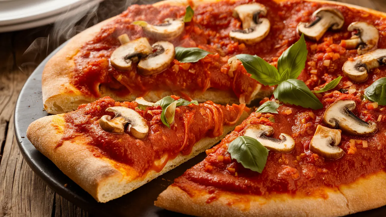 Freshly baked pizza with steam rising, topped with tomato sauce, mushrooms, and fresh basil leaves.