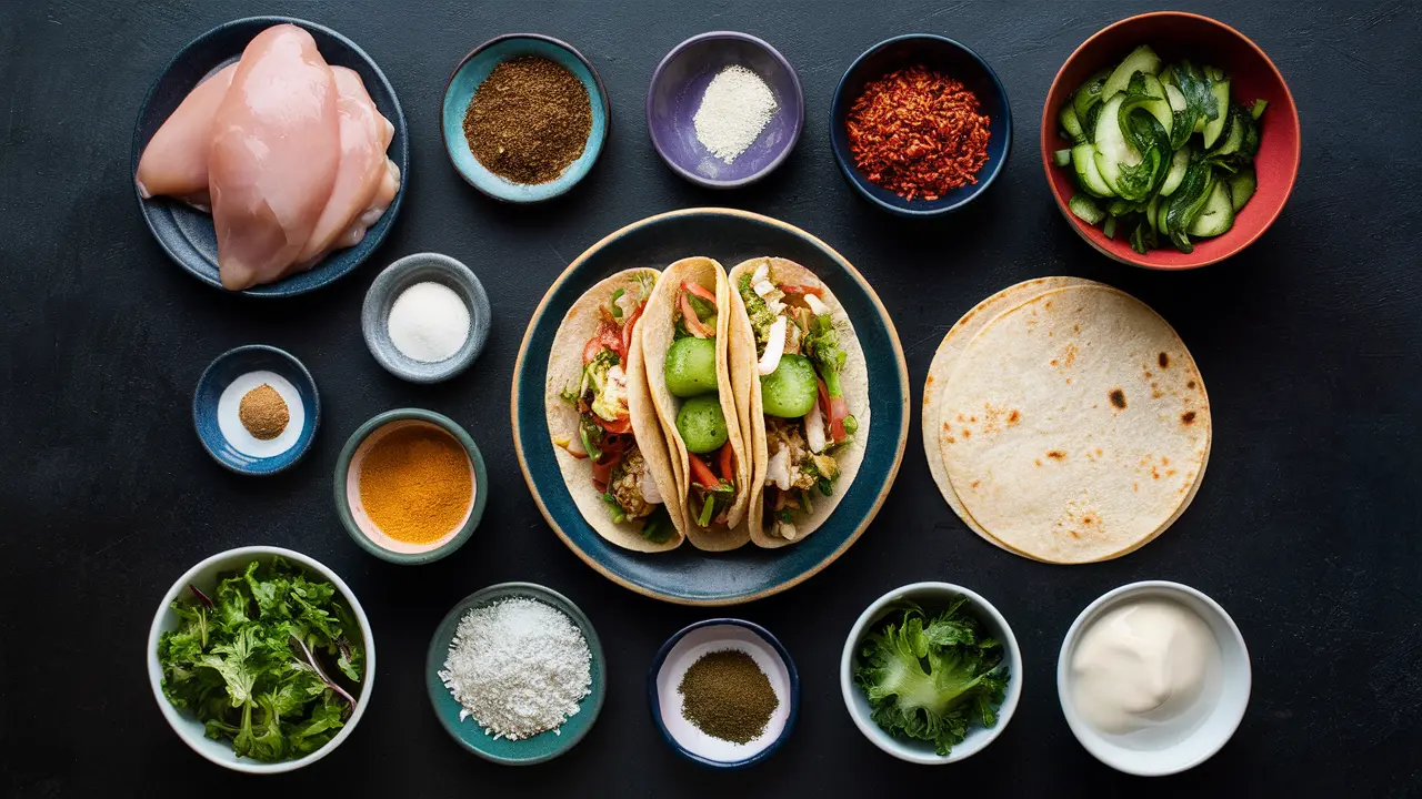 Ingredients for chicken tacos arranged around a plate of assembled tacos