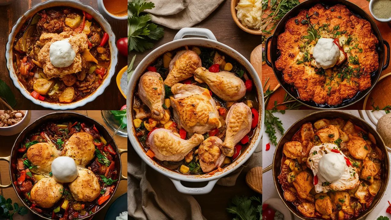 A collage of five diverse casserole dishes, each featuring chicken with vegetables and a unique topping, displayed in rustic cooking pots.