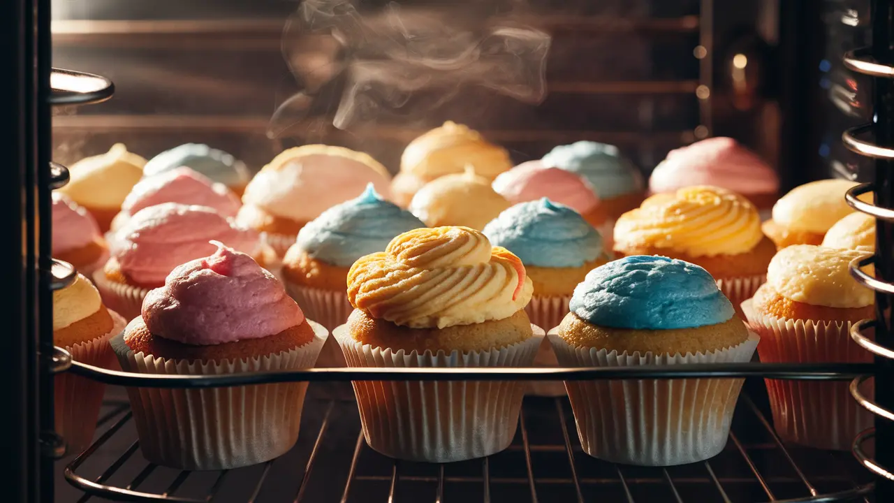  A close-up of colorful cupcakes with various frostings arranged on a baking rack. The focus is on a vanilla cupcake with a blue frosted top.