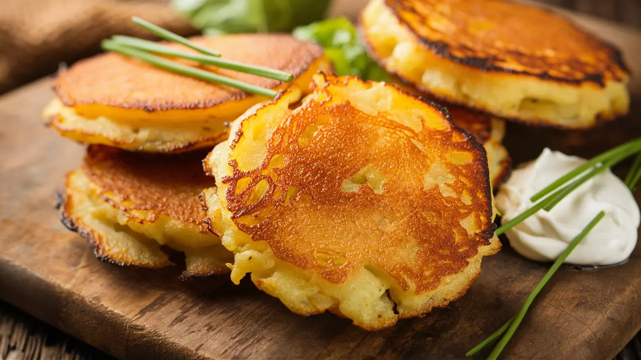 Golden brown potato pancakes stacked with a side of sour cream and chives on a wooden serving board.