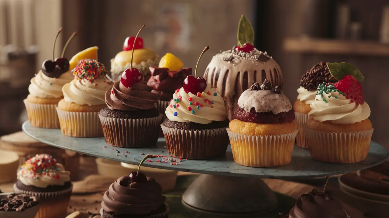 A selection of colorful and creatively decorated cupcakes with varying frostings, toppings, and decorations displayed on a cake stand.