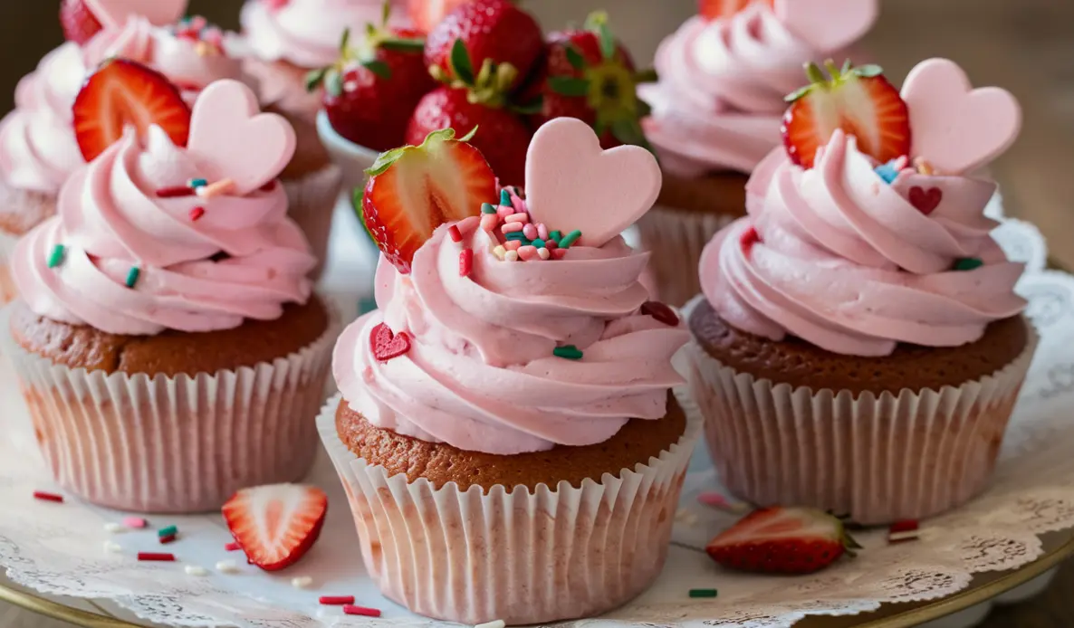 Close-up of strawberry cupcakes with pink frosting and whole strawberries on a wooden plate, dusted with powdered sugar.