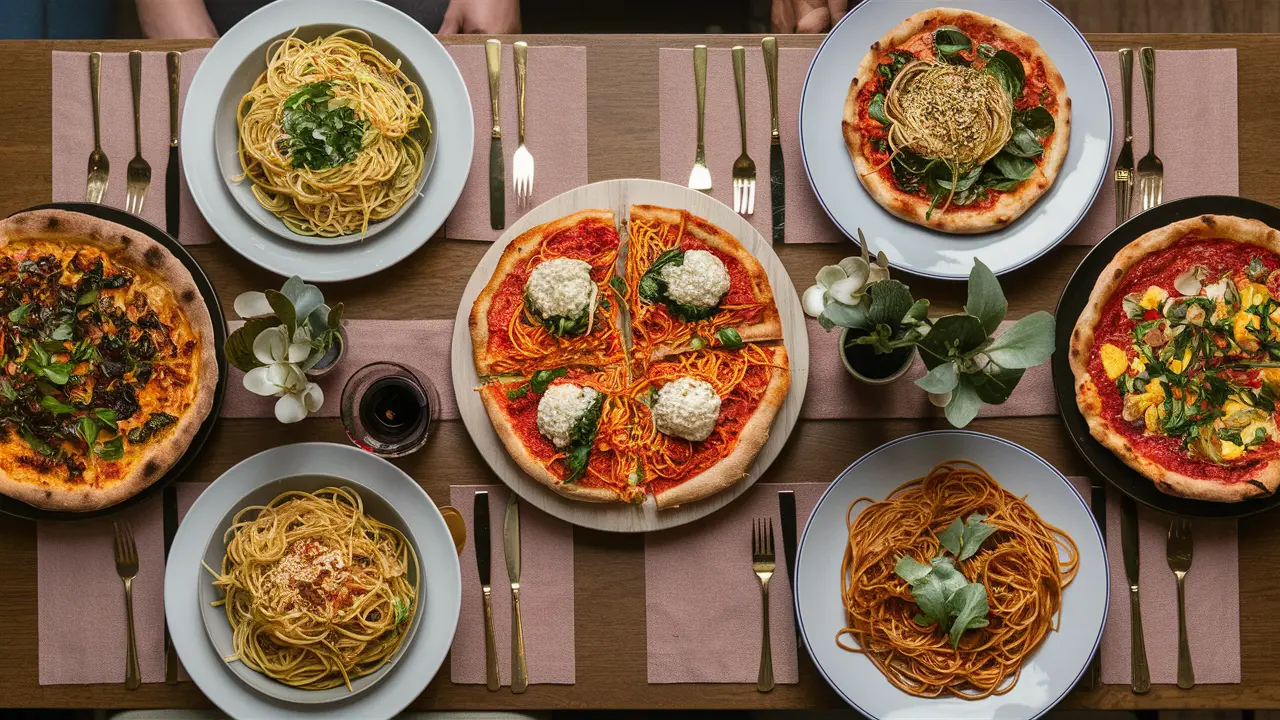 A beautifully arranged dinner table showcasing various Italian dishes including different types of pizzas and spaghetti plates.