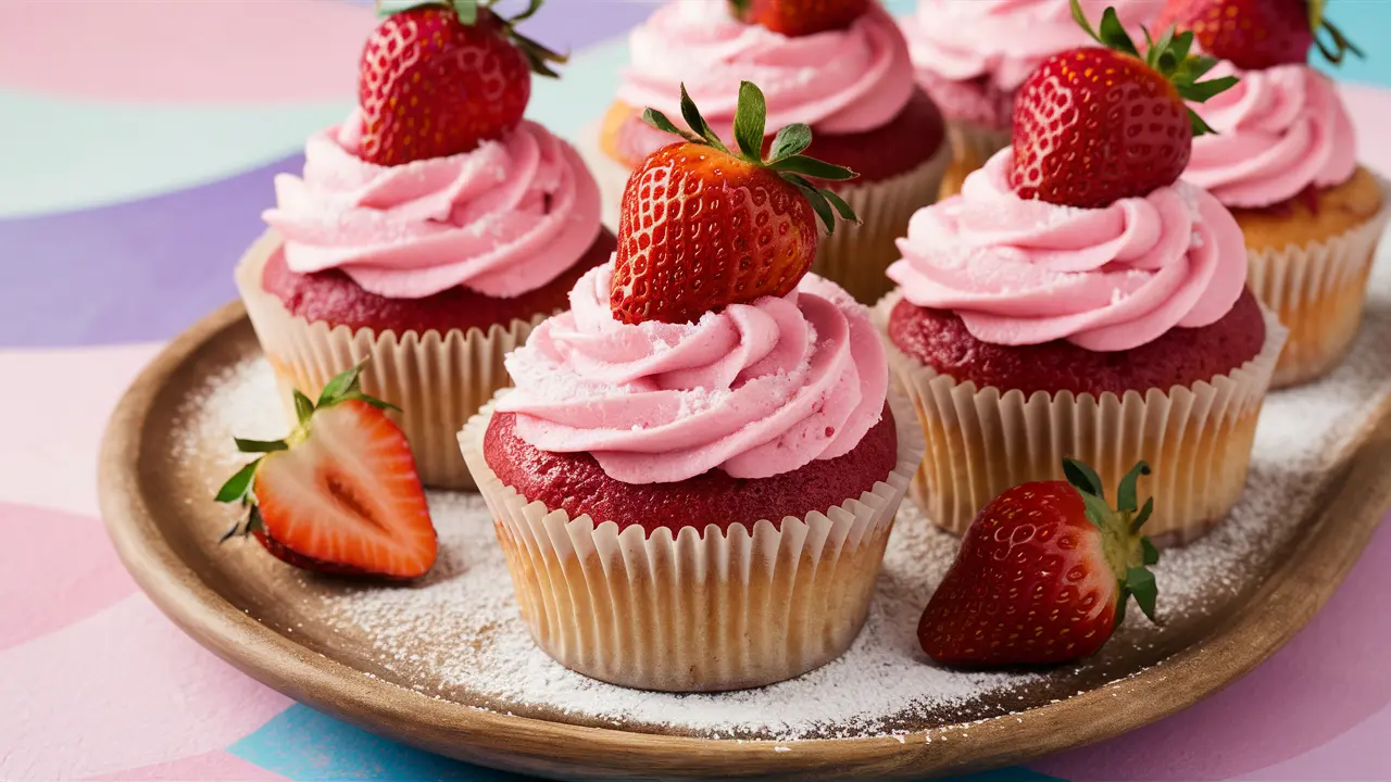 Strawberry cupcakes with pink frosting and whole strawberries on top, arranged on a wooden plate dusted with powdered sugar.