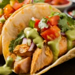 Delicious chicken tacos topped with fresh salsa, cilantro, and creamy sauce