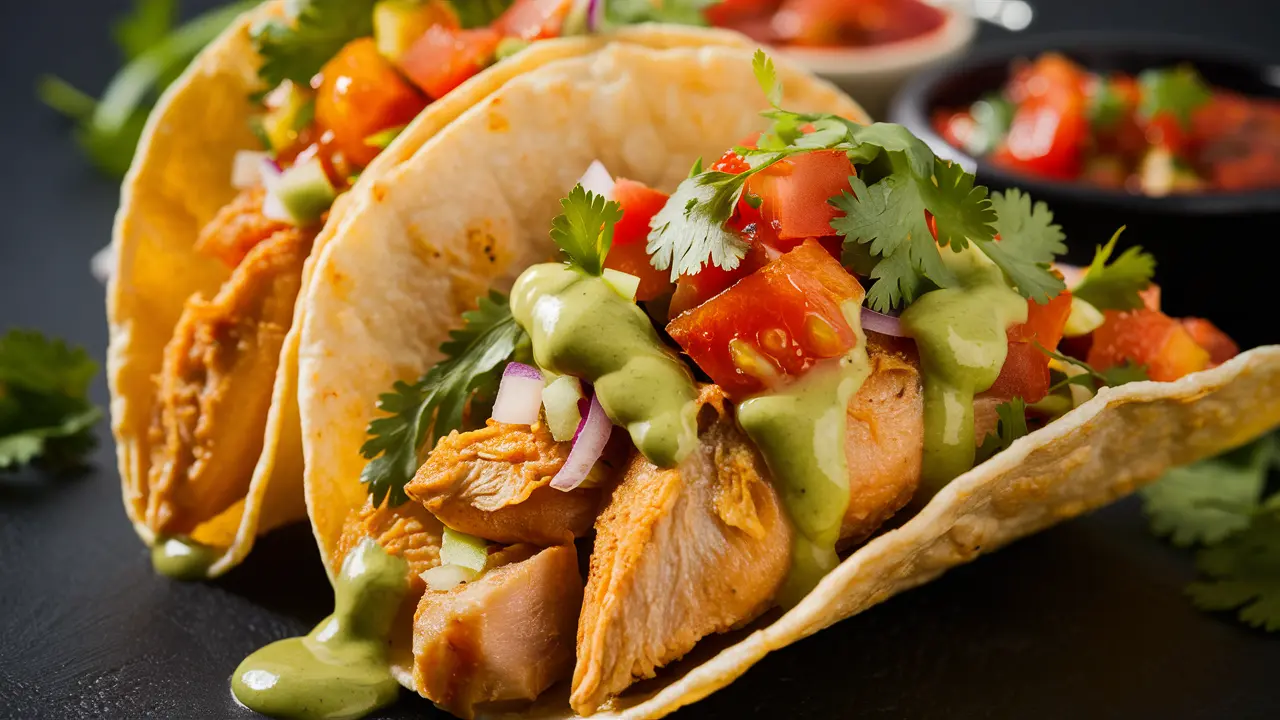 Delicious chicken tacos topped with fresh salsa, cilantro, and creamy sauce