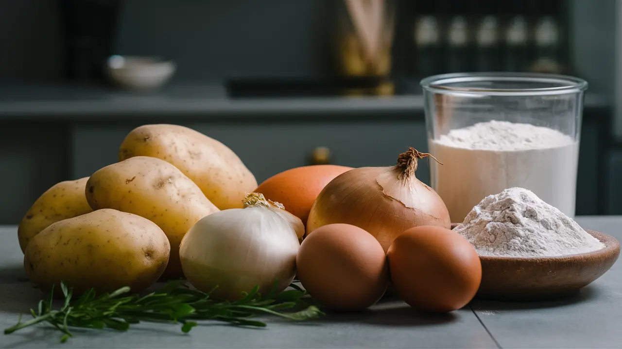 Fresh ingredients for cooking laid out on a kitchen counter, including potatoes, onions, eggs, flour, and herbs.