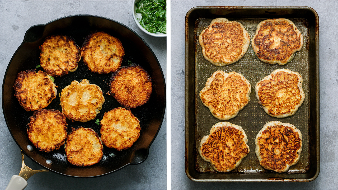 Comparison of potato pancakes cooked in a skillet and baked on a tray, showcasing different cooking techniques.