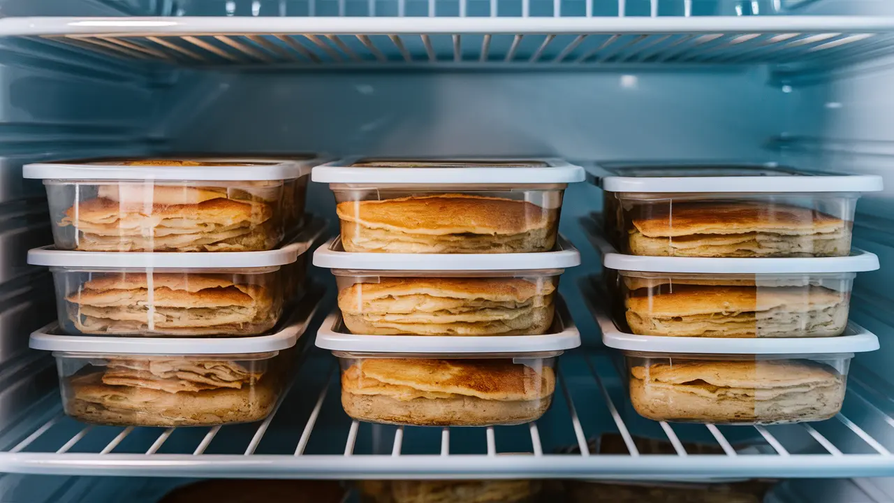 Stacked containers of pancakes neatly organized in a refrigerator.