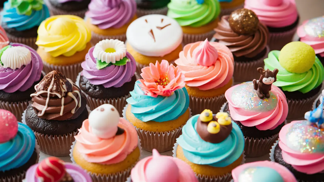 A display of colorful cupcakes with different toppings and frosting, featuring chocolate, fruit, and whimsical edible decorations.