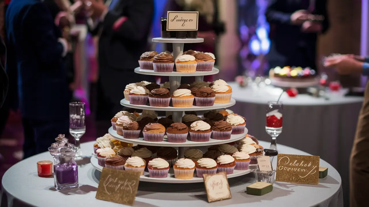 A partially eaten vanilla cupcake with a swirl of cinnamon frosting on top, placed on a dessert table with a tiered cupcake stand in the background.