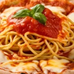 A freshly baked spaghetti pizza with melted cheese, spaghetti, and tomato sauce topped with a basil leaf.