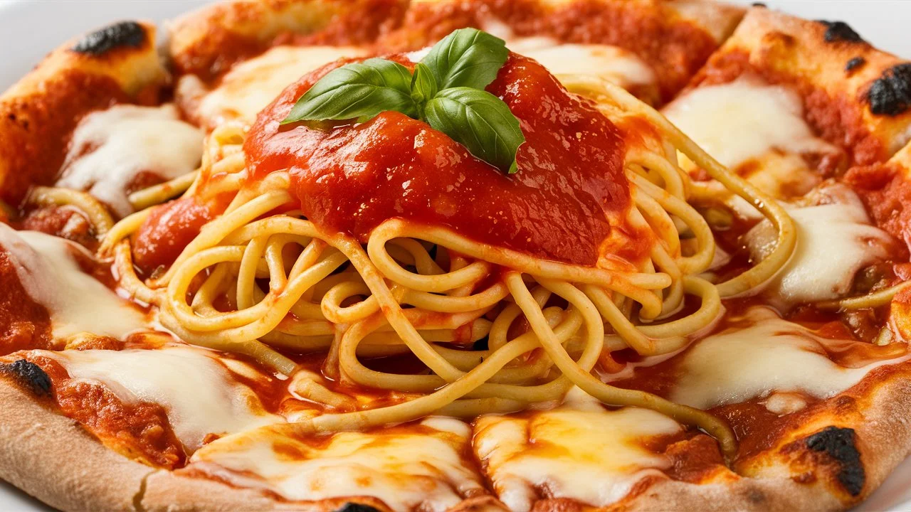 A freshly baked spaghetti pizza with melted cheese, spaghetti, and tomato sauce topped with a basil leaf.