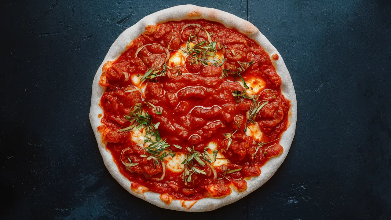 Uncooked pizza topped with rich tomato sauce, mozzarella cheese, and fresh herbs on a dark background.