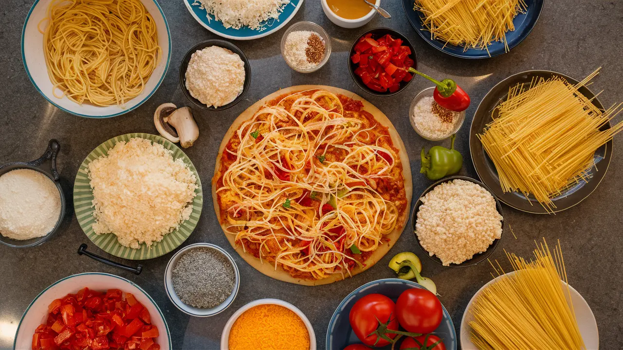 A top-down view of a table covered with ingredients for making spaghetti pizza, featuring bowls of pasta, cheese, tomatoes, and more.