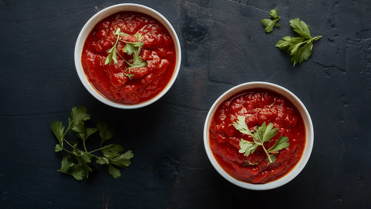 Two bowls of rich tomato sauce garnished with fresh parsley on a dark slate background.