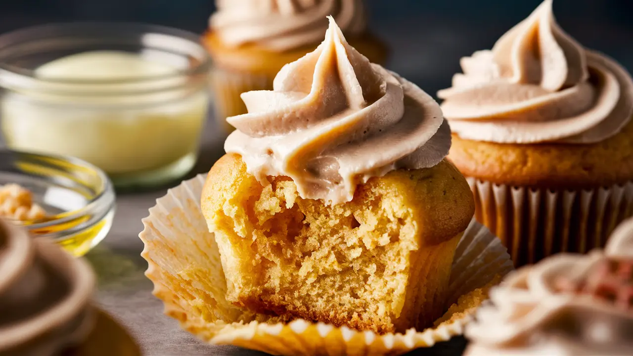 : A close-up image of a partially eaten vanilla cupcake topped with swirls of frosting. In the background, other cupcakes and small bowls containing various ingredients like oil and custard can be seen.