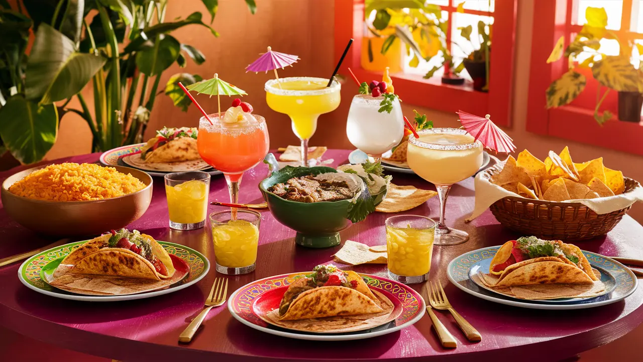 Table set with chicken tacos, rice, chips, and various cocktails