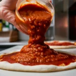 A person pouring chunky tomato sauce onto raw pizza dough in a professional kitchen with a lit pizza oven in the background.