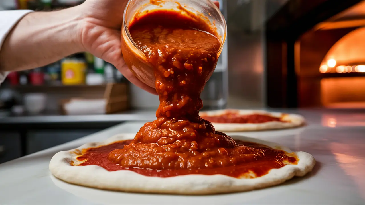 A person pouring chunky tomato sauce onto raw pizza dough in a professional kitchen with a lit pizza oven in the background.