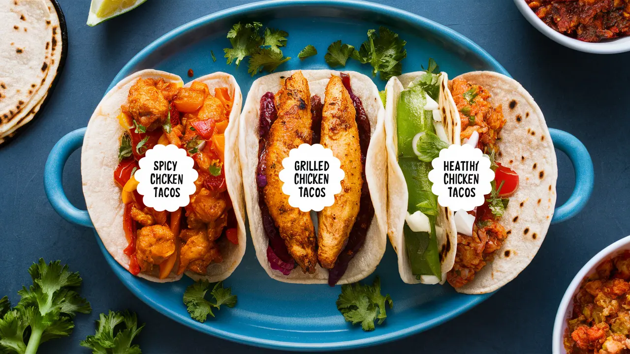 Three varieties of chicken tacos: spicy chicken tacos, grilled chicken tacos, and healthy chicken tacos on a blue plate