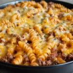 A close-up of Cheesy Sloppy Cheeseburger Pasta served in a black bowl, featuring rotini pasta coated in a rich cheese sauce and ground beef, garnished with melted cheese and parsley.