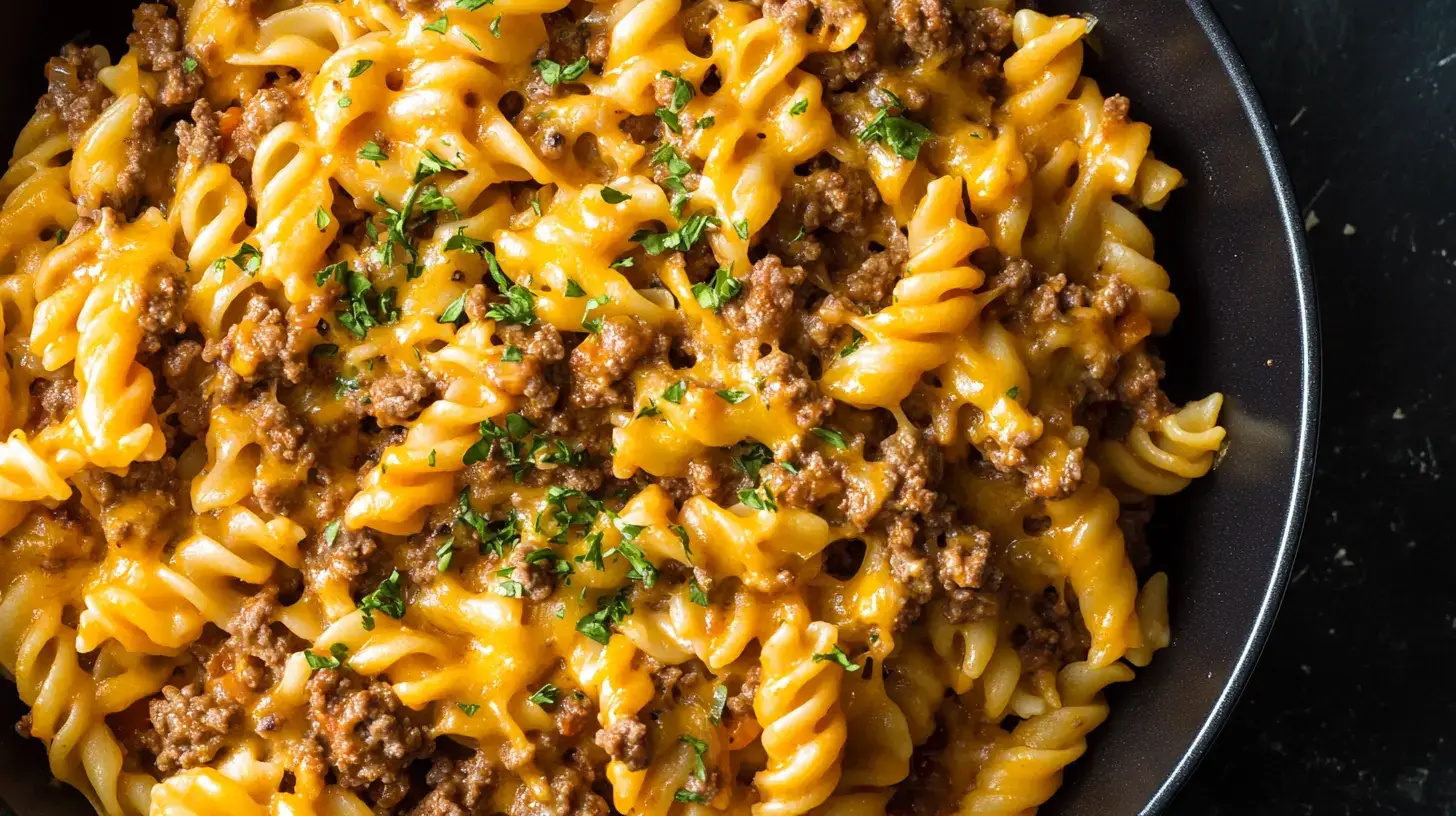 A close-up of Cheesy Sloppy Cheeseburger Pasta served in a black bowl, featuring rotini pasta coated in a rich cheese sauce and ground beef, garnished with melted cheese and parsley.