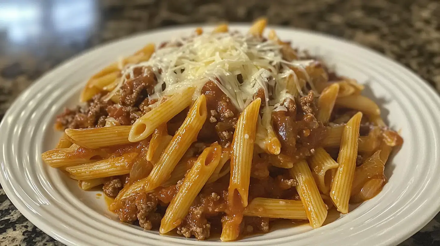 A close-up of Cheesy Sloppy Cheeseburger Pasta served in a black bowl, featuring rotini pasta coated in a rich cheese sauce and ground beef, garnished with melted cheese and parsley.