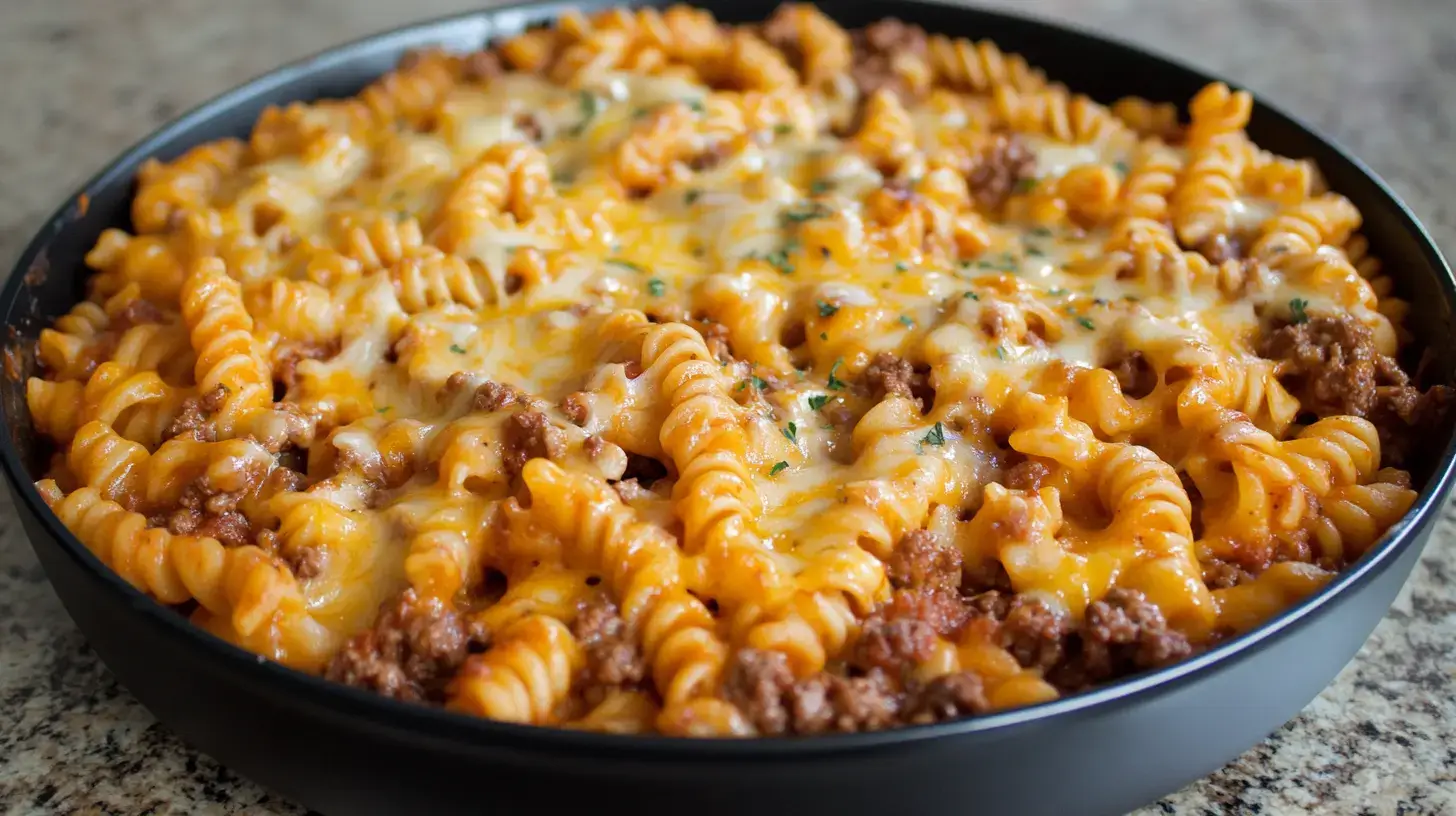 A close-up of Cheesy Sloppy Cheeseburger Pasta served in a black bowl, featuring rotini pasta coated in a rich cheese sauce and ground beef, garnished with melted cheese and parsley.