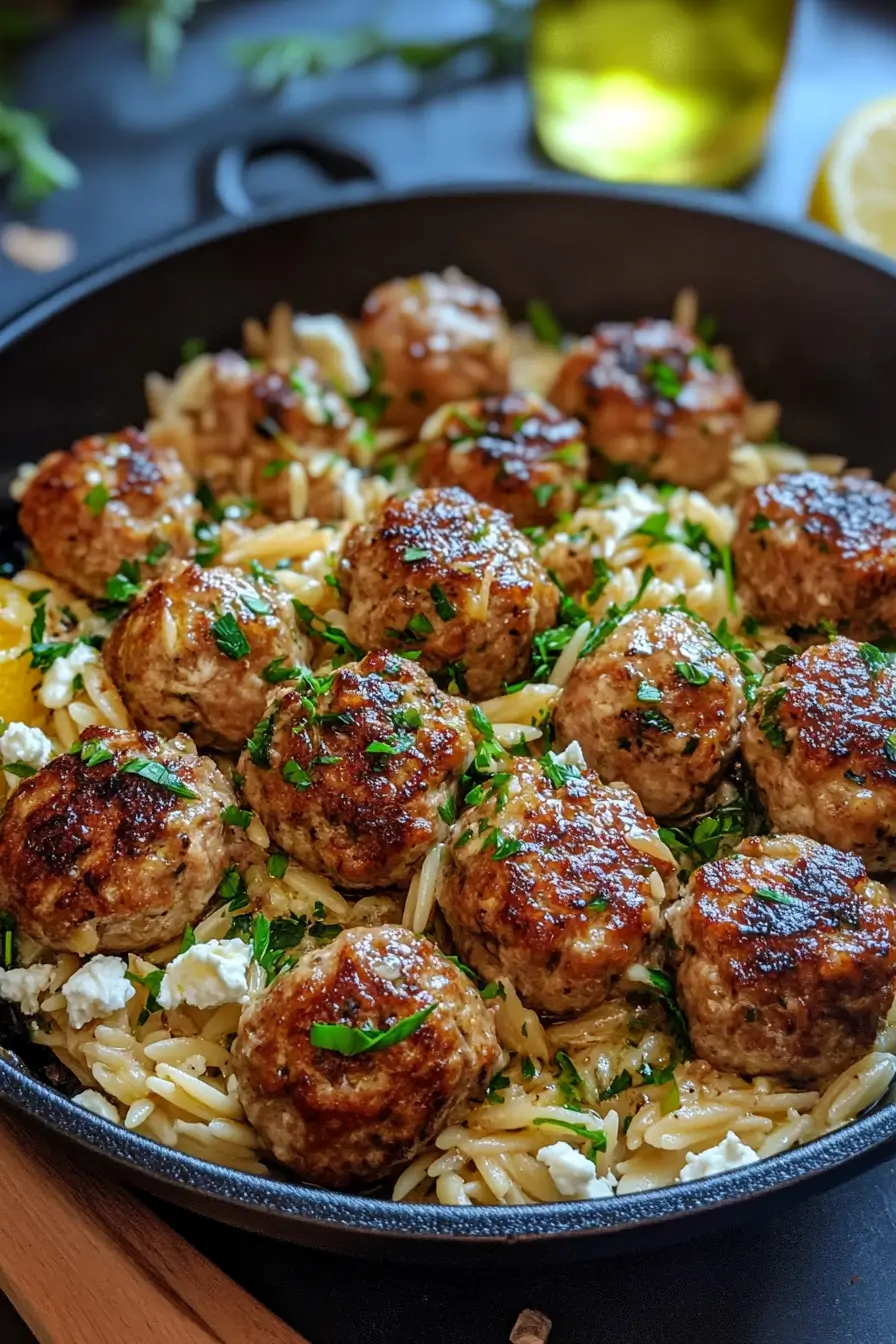 Lemon Chicken Feta Meatballs with Garlic Orzo