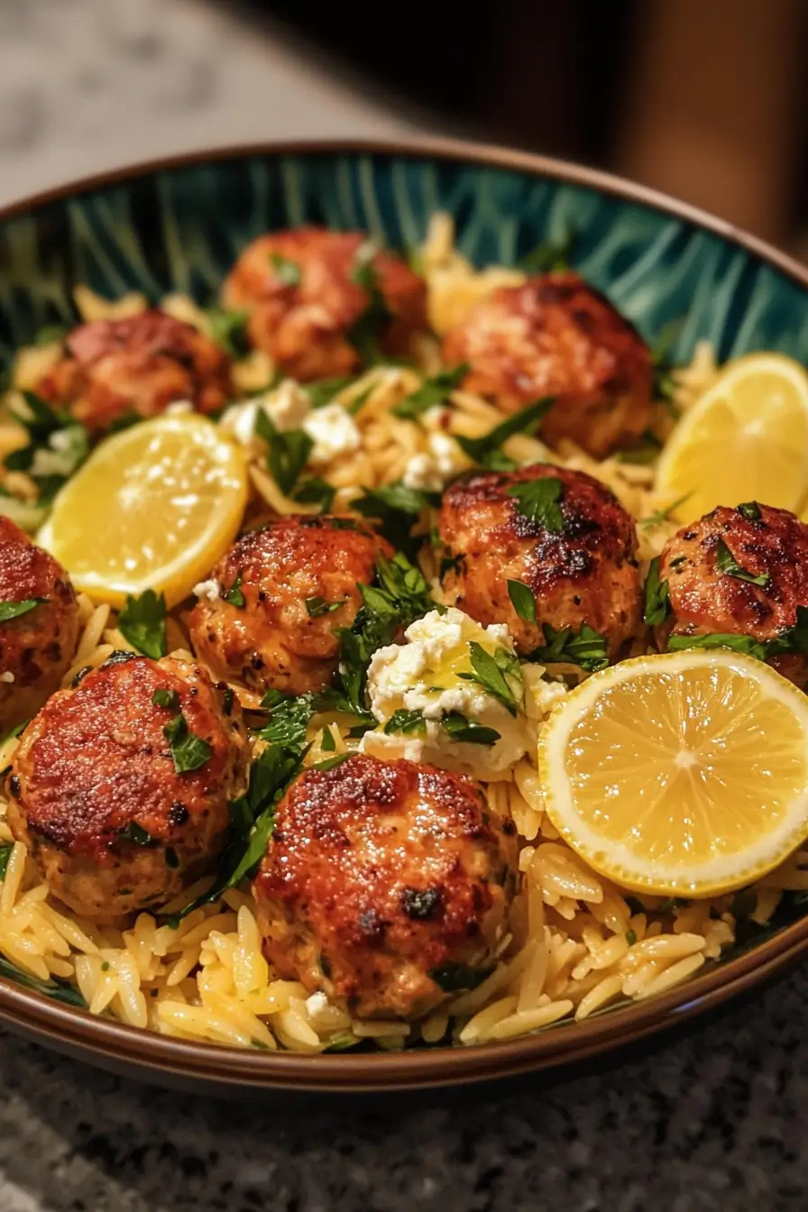 Lemon Chicken Feta Meatballs with Garlic Orzo