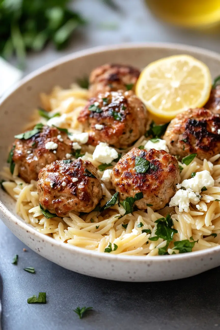 Lemon Chicken Feta Meatballs with Garlic Orzo